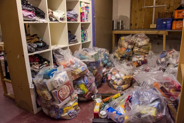 Foodbank donations are made at the Pankhurst Centre in Manchester.