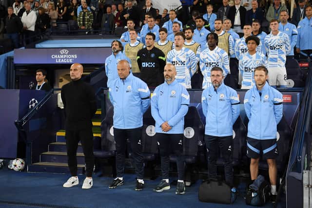 City’s players and staff observed a minute’s silence on Wednesday ahead of the Champions league game with Dortmund. Credit: Getty.