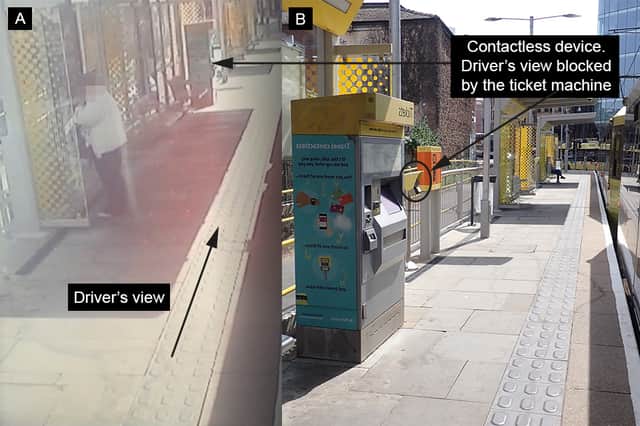 Image A: View from cab CCTV monitor looking along Shudehill tram stop platform (reconstruction). Image B: Location of contactless device where passenger was