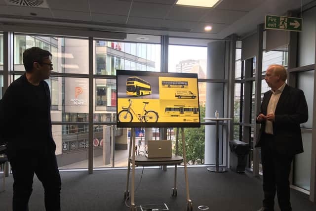 Greater Manchester mayor Andy Burnham and transport commissioner Vernon Everitt unveil the Bee Network branding. Credit: LDRS. 