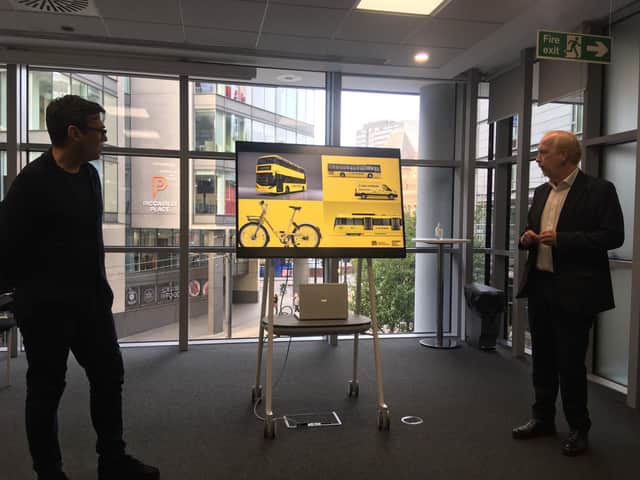 Greater Manchester mayor Andy Burnham and transport commissioner Vernon Everitt unveil the Bee Network branding. Credit: LDRS.