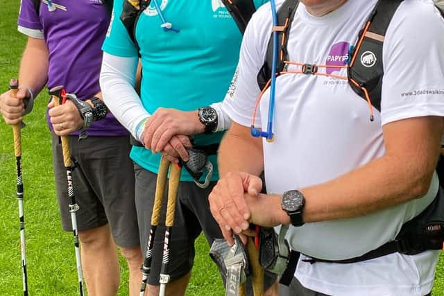 Tim Owen, Mike Palmer, Andy Airey – aka “3 Dads Walking” – set off on their 600-mile journey. Credit: Papyrus