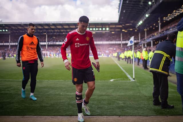 Ronaldo appeared frustrated as he made his way off the pitch in April. Credit: Getty.