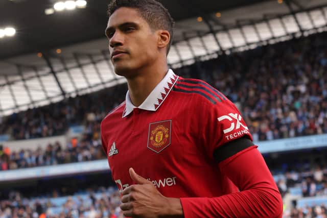 Varane was forced off with an injury during the Manchester derby. Credit: Getty.