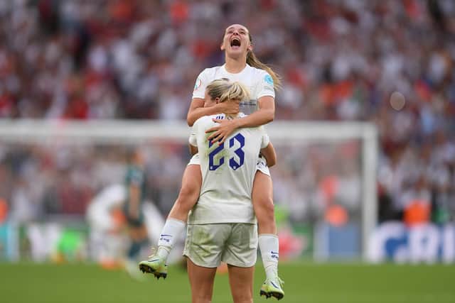 LONDON, ENGLAND - JULY 31: Alessia Russo of England celebrates with teammate Ella Toone at the final whistle following their team’s victory in the UEFA Women’s Euro 2022 final match between England and Germany at Wembley Stadium on July 31, 2022 in London, England. (Photo by Harriet Lander/Getty Images)