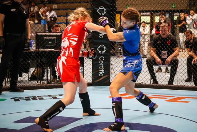 Kelly Staddon fighting in her quarter final at the 2022 IMMAF European Championships. Photo: IMMAF