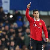 Cristiano Ronaldo celebrates after scoring Manchester United’s winning  goal against Everton (Photo by Clive Brunskill/Getty Images)