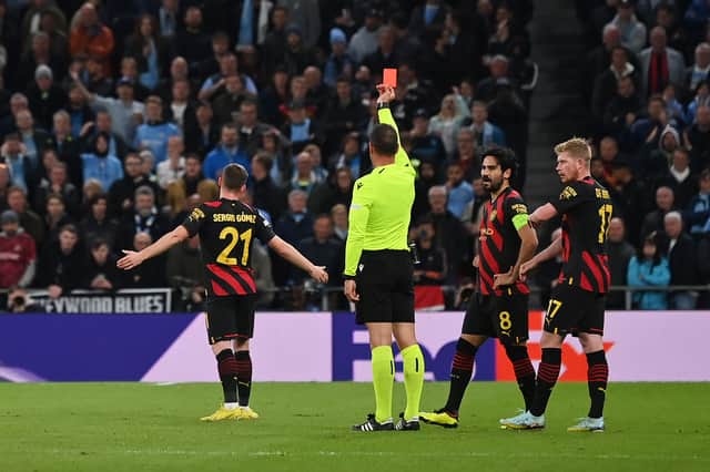 Gomez was sent off in City’s 0-0 draw with Copenhagen after pulling Hakon Arnar Haraldsson down as last man. Credit: Getty.  