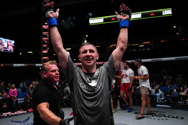 Brendan Loughnane celebrates his victory against Chris Wade at PFL 9 at the Copper Box Arena. Photo: Cooper Neill/PFL