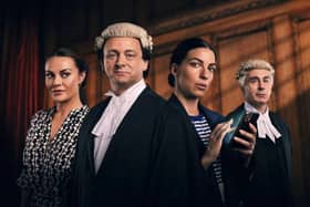 Chanel Cresswell as Coleen Rooney, Michael Sheen as David Sherborne, Natalia Tena is Rebekah Vardy, and Simon Coury as Hugh Tomlinson (Credit: Channel 4)
