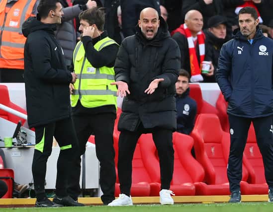 Pep Guardiola was furious with Anthony Taylor’s decision to disallow Phil Foden’s goal against Liverpool. Credit: Getty.