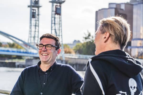 Greater Manchester mayor Andy Burnham and Green Energy Task Force lead Dale Vince at the Green Summit. Photo: Dan Monaghan