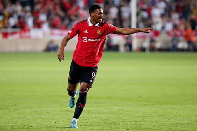 Anthony Martial celebrates after scoring a goal during the UEFA Europa League group E football match (Photo by AFP) (Photo by -/AFP via Getty Images)
