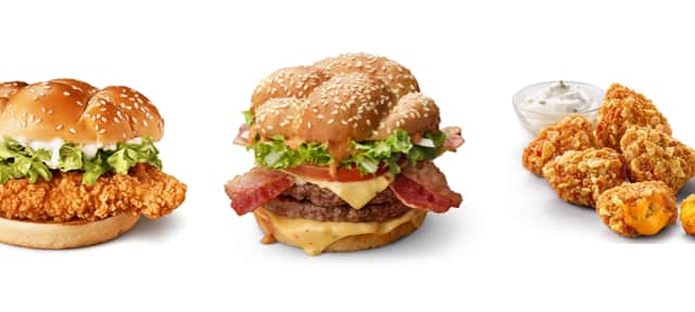 The five new items available on the McDonald’s menu (L-R) The McCrispy, BBQ Bacon Stack, nacho cheese bites, potato waffles and Twirl McFlurry.