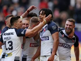 England celebrate Dom Young’s try against Samoa during World Cup opener