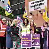 Staff on the picket line outside Manchester Magistrates’ Court as part of nine days of strike action. Photo: Julian Brown/PCS