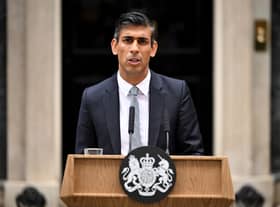 British Prime Minister Rishi Sunak makes a statement after taking office outside Number 10 in Downing Street on October 25, 2022 in London, England. Rishi Sunak will take office as the UK's 57th Prime Minister today after he was appointed as Conservative leader yesterday. He was the only candidate to garner 100-plus votes from Conservative MPs in the contest for the top job. He said his aim was to unite his party and the country. (Photo by Leon Neal/Getty Images)