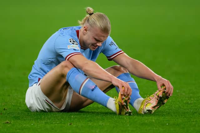 Haaland could miss Saturday’s game after coming off against Dortmund at half time. Credit: Getty. 