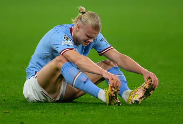 Haaland could miss Saturday’s game after coming off against Dortmund at half time. Credit: Getty. 