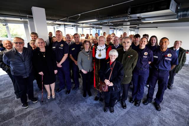 The Fire Brigades Union held an event in Sale to unveil a red plaque in memory of Superintendent John Johnson Hunt. Photo: Mark Waugh Manchester Press Photography