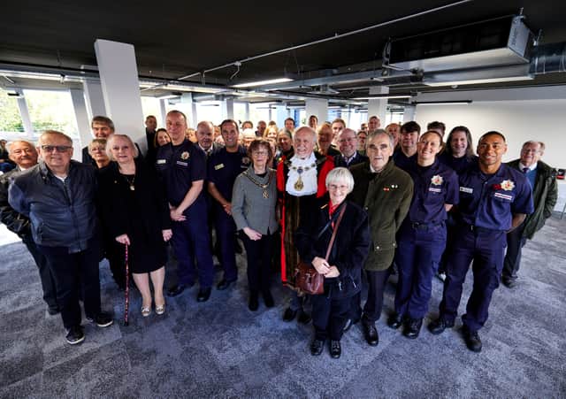 The Fire Brigades Union held an event in Sale to unveil a red plaque in memory of Superintendent John Johnson Hunt. Photo: Mark Waugh Manchester Press Photography