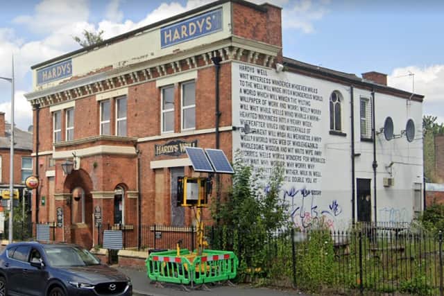 Lemn Sissay’s poem “Hardy’s Well” on the side of the pub it is named after on Wilmslow Road, Rusholme. Credit: Google Street View