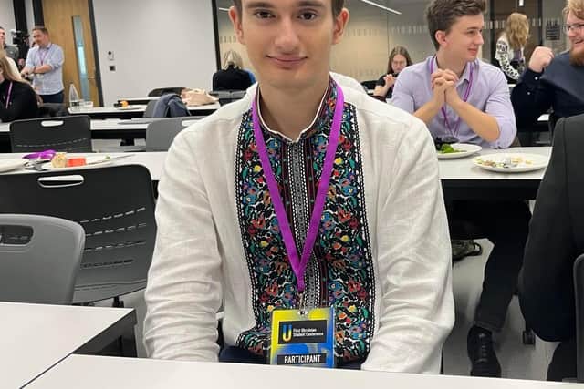 Student Maksym Karpliuk, wearing a traditional Ukrainian embroidered shirt, at the first Ukrainian Students’ Conference in Manchester. Credit: Sofia Fedeczko/Manchester World