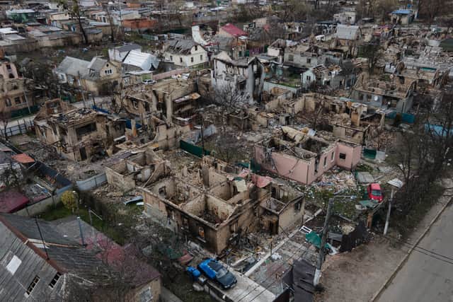 Destroyed houses on April 18, 2022 in Irpin, Ukraine. (Photo by Alexey Furman/Getty Images)
