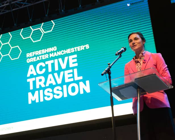 Dame Sarah Storey speaking at the event in Wigan. Photo: TfGM