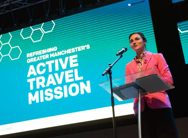 <p>Dame Sarah Storey speaking at the event in Wigan. Photo: TfGM</p>