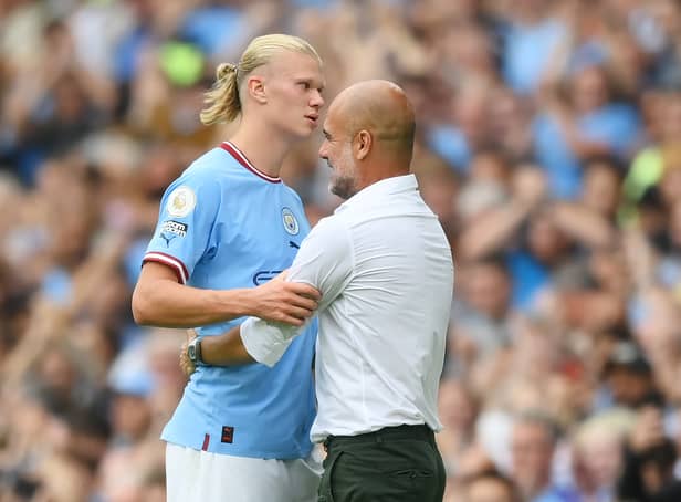 <p>Pep Guardiola mocked Zlatan Ibrahimovic’s comments about Erling Haaland. Credit: Getty.</p>