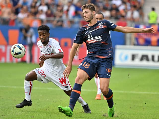 Lille’s English midfielder Angel Gomes fights for the ball with Montpellier’s French midfielder Leo Leroy  (Photo by Pascal GUYOT / AFP) (Photo by PASCAL GUYOT/AFP via Getty Images)