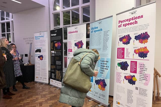 Posters explaining the findings of the Manchester Voices research project at Central Library. Credit: Manchester World 