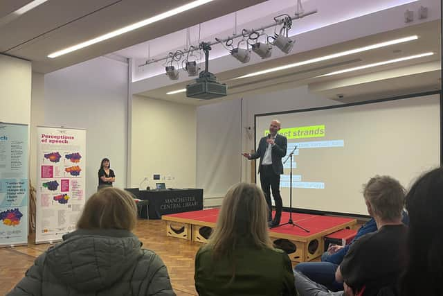 Dr Rob Drummond presenting his teams research from the Manchester Voices project at Central Library. Credit: Manchester World