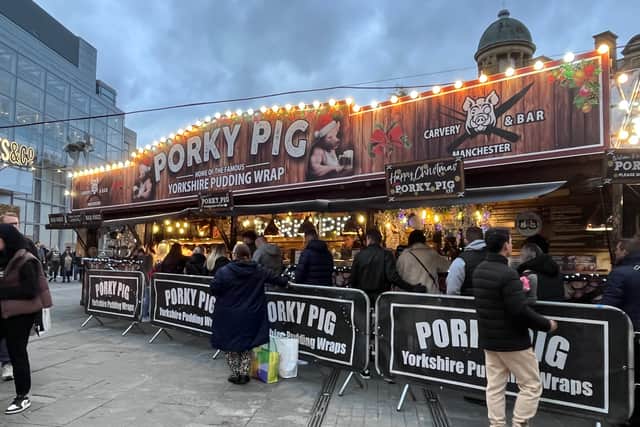 Porky Pig, home of the famous Yorkshire pudding wrap, at Exchange Square for the Manchester Christmas Markets 2022. Credit: Manchester World.