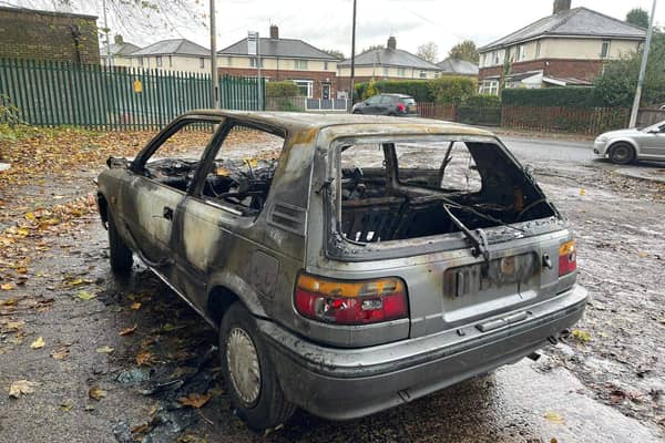 The burnt-out remains of Rebecca Clements’ Toyota Corolla