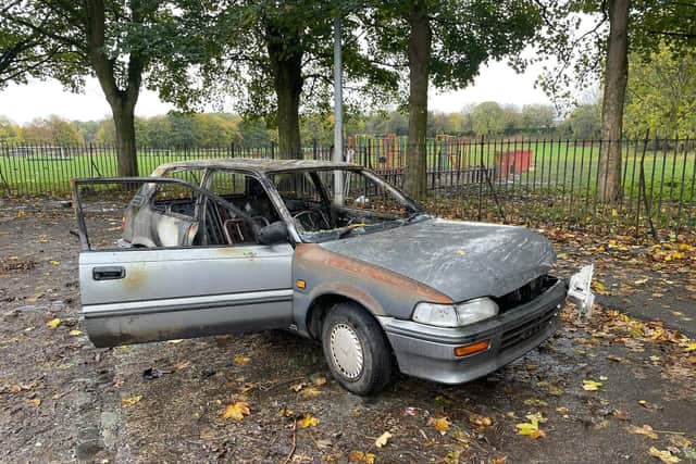 Rebecca Clements’ Toyota Corolla after it was torched in a park