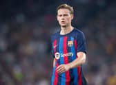 Frenkie De Jong of FC Barcelona looks on during the UEFA Champions League group C match (Photo by Aitor Alcalde/Getty Images)