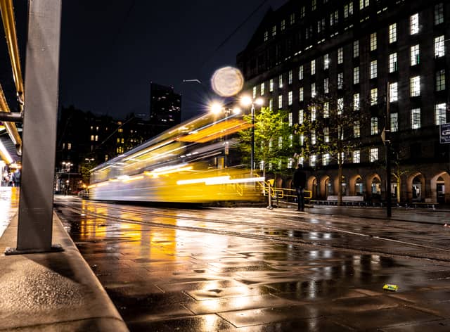 A Metrolink tram at night Credit: Christopher - stock.adobe.com
