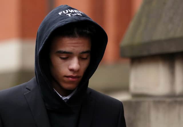 Manchester United footballer, Mason Greenwood, leaves Manchester’s Minshull Street Crown Court Credit: Getty