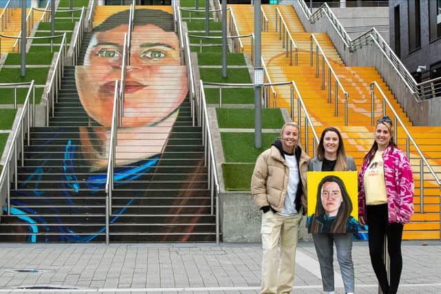 Leah Williamson, Helen Hardy and Charlotte Archer at Wembley Stadium. Photo: Getty Images for the National Lottery