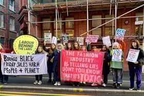 Protestors outside Boohoo’s Manchester headquarters in the Northern Quarter