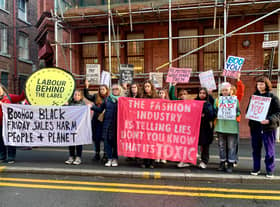 Protestors outside Boohoo’s Manchester headquarters in the Northern Quarter