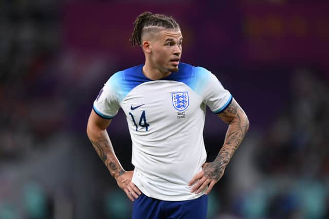Kalvin Phillips of England during the FIFA World Cup Qatar 2022 Group B match between Wales and England at Ahmad Bin Ali Stadium on November 29, 2022 in Doha, Qatar. (Photo by Justin Setterfield/Getty Images)