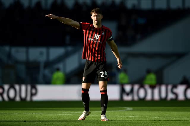 Gary Cahill of AFC Bournemouth reacts during the Sky Bet Championship match between Derby County and AFC Bournemouth at Pride Park Stadium on November 21, 2021 in Derby, England. (Photo by Nathan Stirk/Getty Images)