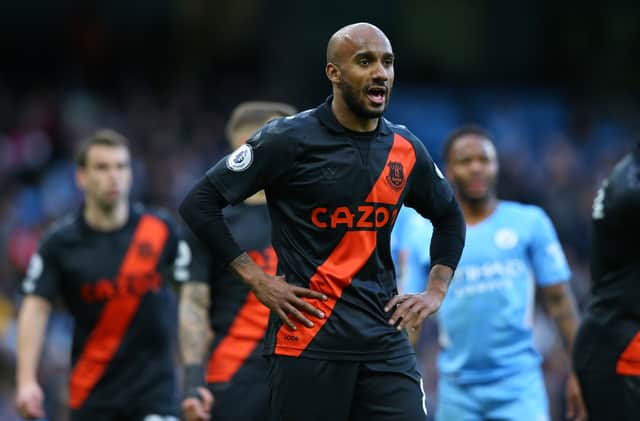 Fabian Delph of Everton looks on during the Premier League match between Manchester City  and  Everton at Etihad Stadium on November 21, 2021 in Manchester, England. (Photo by Alex Livesey/Getty Images)
