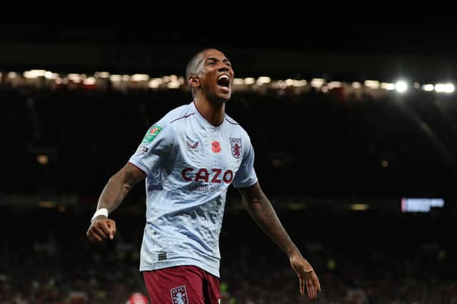 Ashley Young of Aston Villa celebrates their team's second goal, an own goal scored by Diogo Dalot of Manchester United (not pictured) during the Carabao Cup Third Round match between Manchester United and Aston Villa at Old Trafford on November 10, 2022 in Manchester, England. (Photo by Lewis Storey/Getty Images)