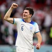 Harry Maguire of England celebrates after the team’s victory during the FIFA World Cup Qatar 2022 Round of 16 match (Photo by Catherine Ivill/Getty Images)