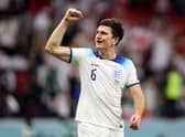 Harry Maguire of England celebrates after the team’s victory during the FIFA World Cup Qatar 2022 Round of 16 match (Photo by Catherine Ivill/Getty Images)