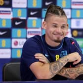  Kalvin Phillips speaks during an England press conference at Al Wakrah SC Stadium on December 08, 2022 in Doha, Qatar . (Photo by Alex Pantling/Getty Images)